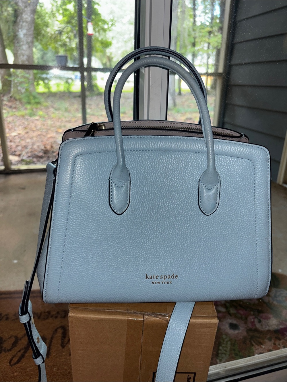 kate spade Light Blue Pebbled Leather Satchel with Detachable Strap